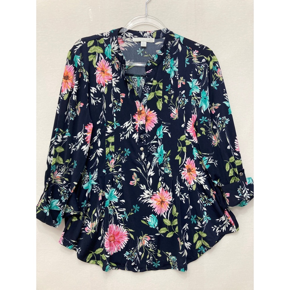 Juniper + Lime Blouse Large Navy Floral Rolled‎ Tab Sleeve Pintuck Stretch Knit
